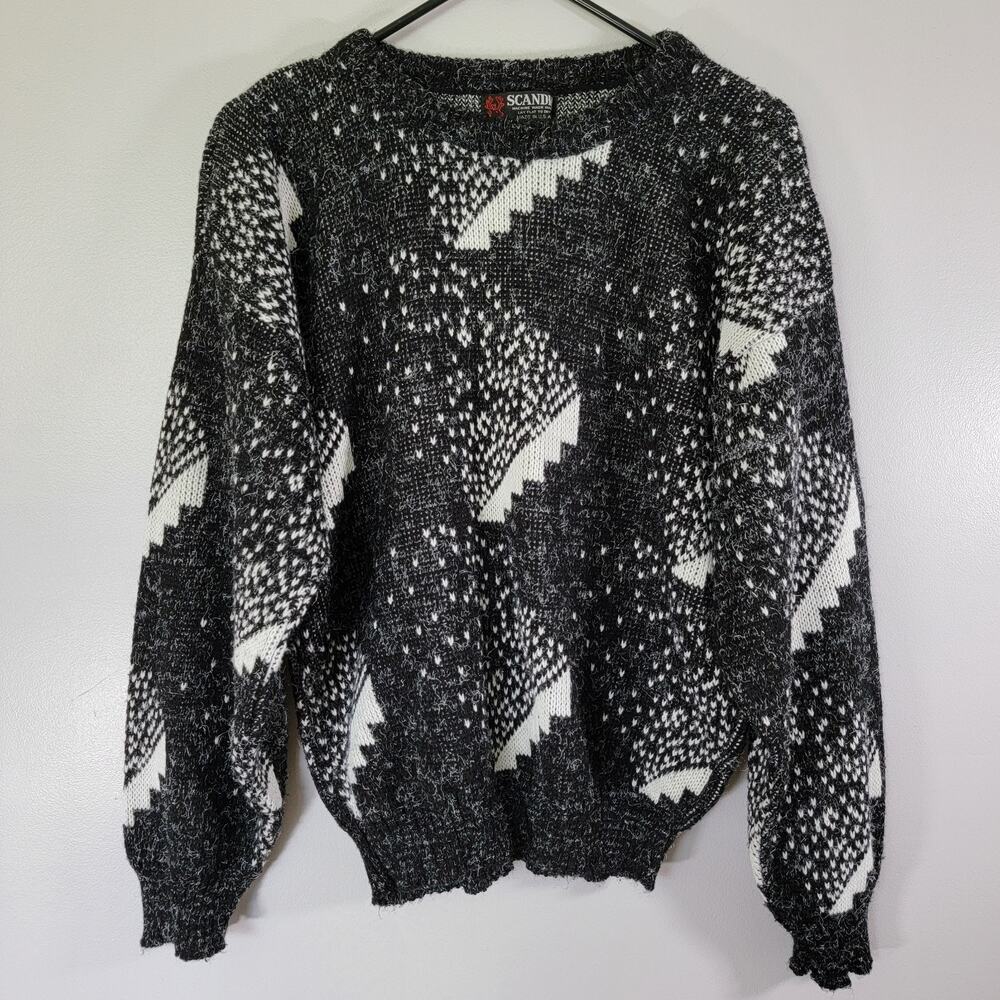 Scandia VTG Sweater Men L Made USA Black White Ski Chalet Preppy Business Casual